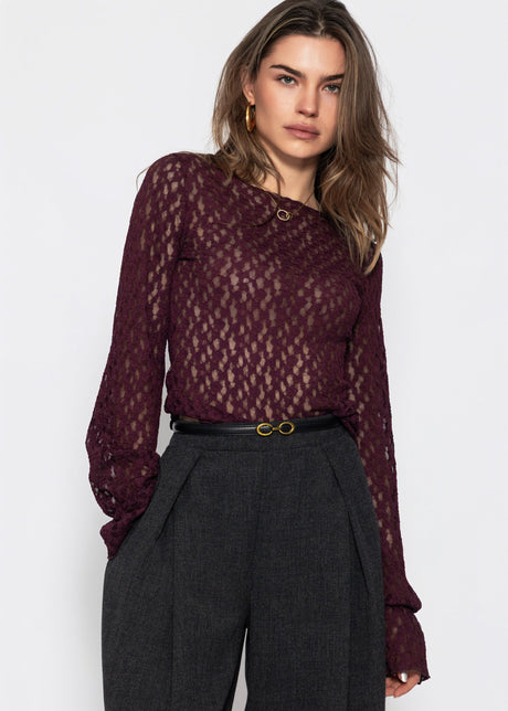 Langarm Spitzenshirt mit Volantärmeln - plum