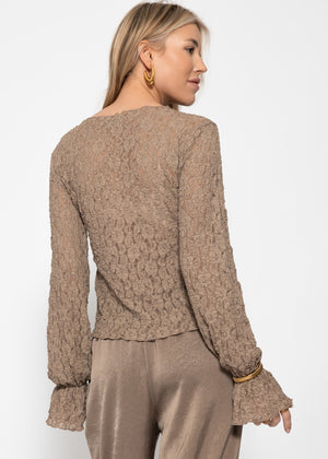Langarm Spitzenshirt mit Volantärmeln - taupe