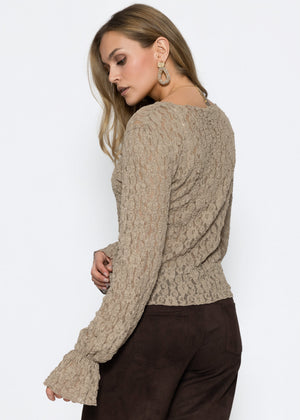 Langarm Spitzenshirt mit Volantärmeln - taupe