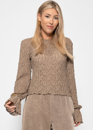 Langarm Spitzenshirt mit Volantärmeln - taupe