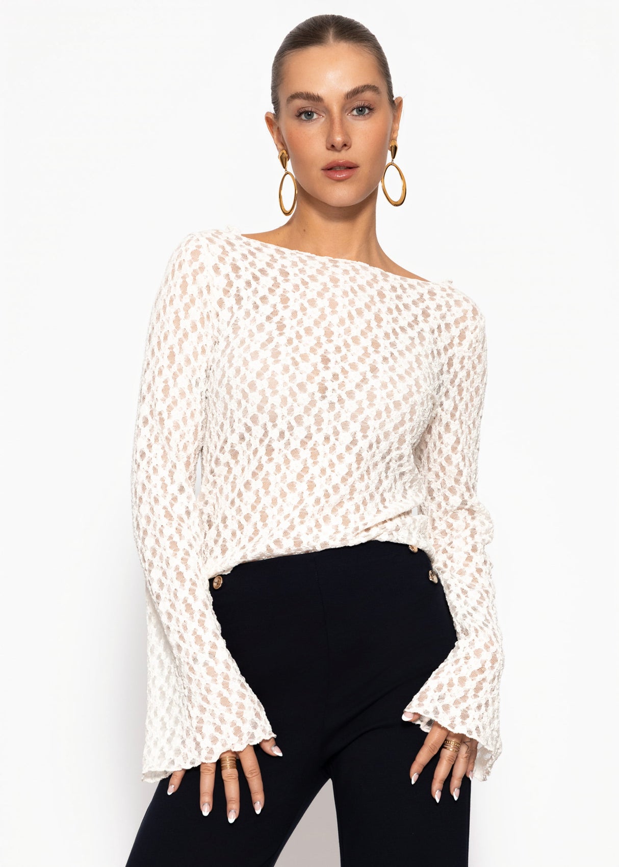 Langarm Spitzenshirt mit weiten Ärmeln - offwhite