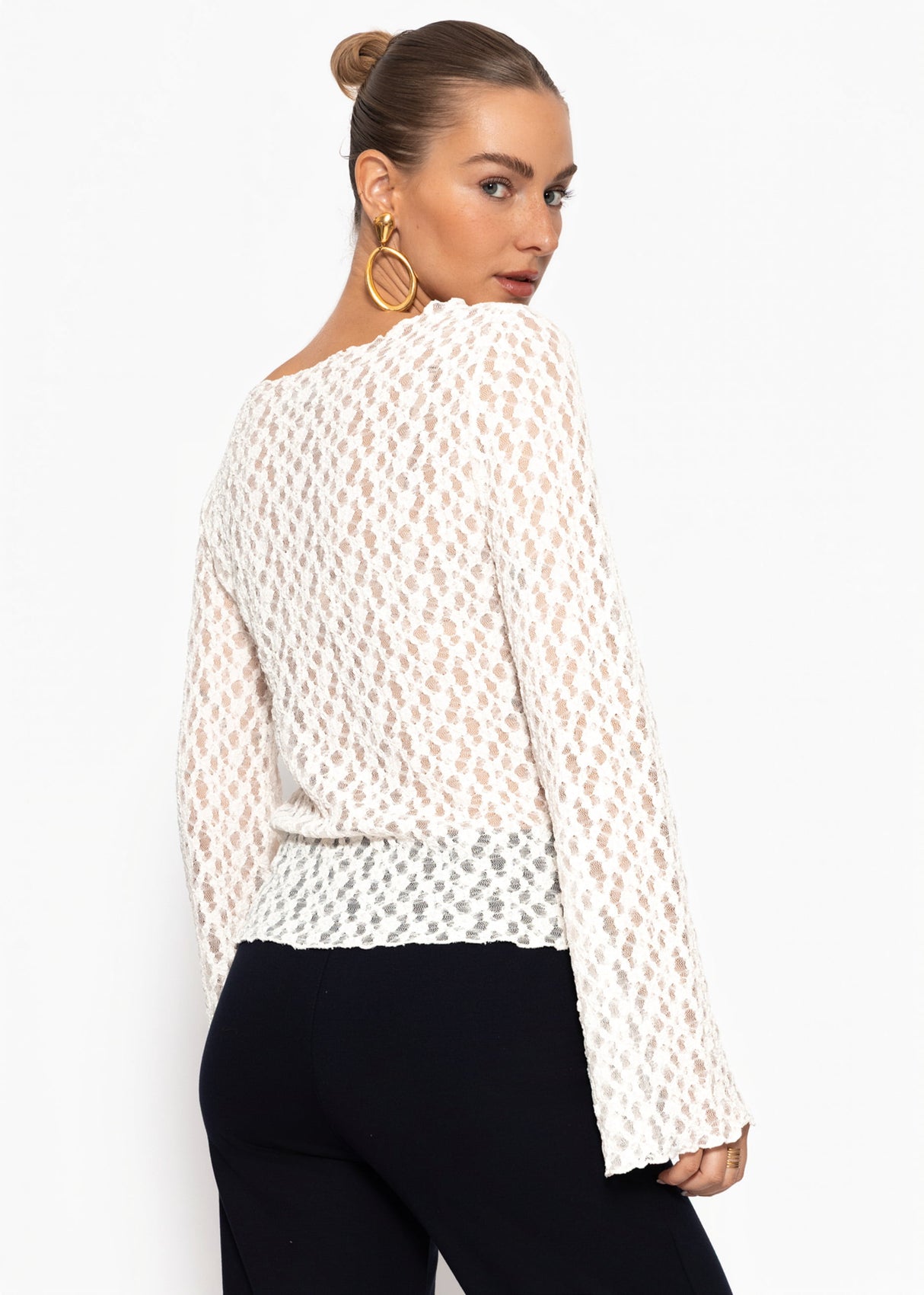Langarm Spitzenshirt mit weiten Ärmeln - offwhite