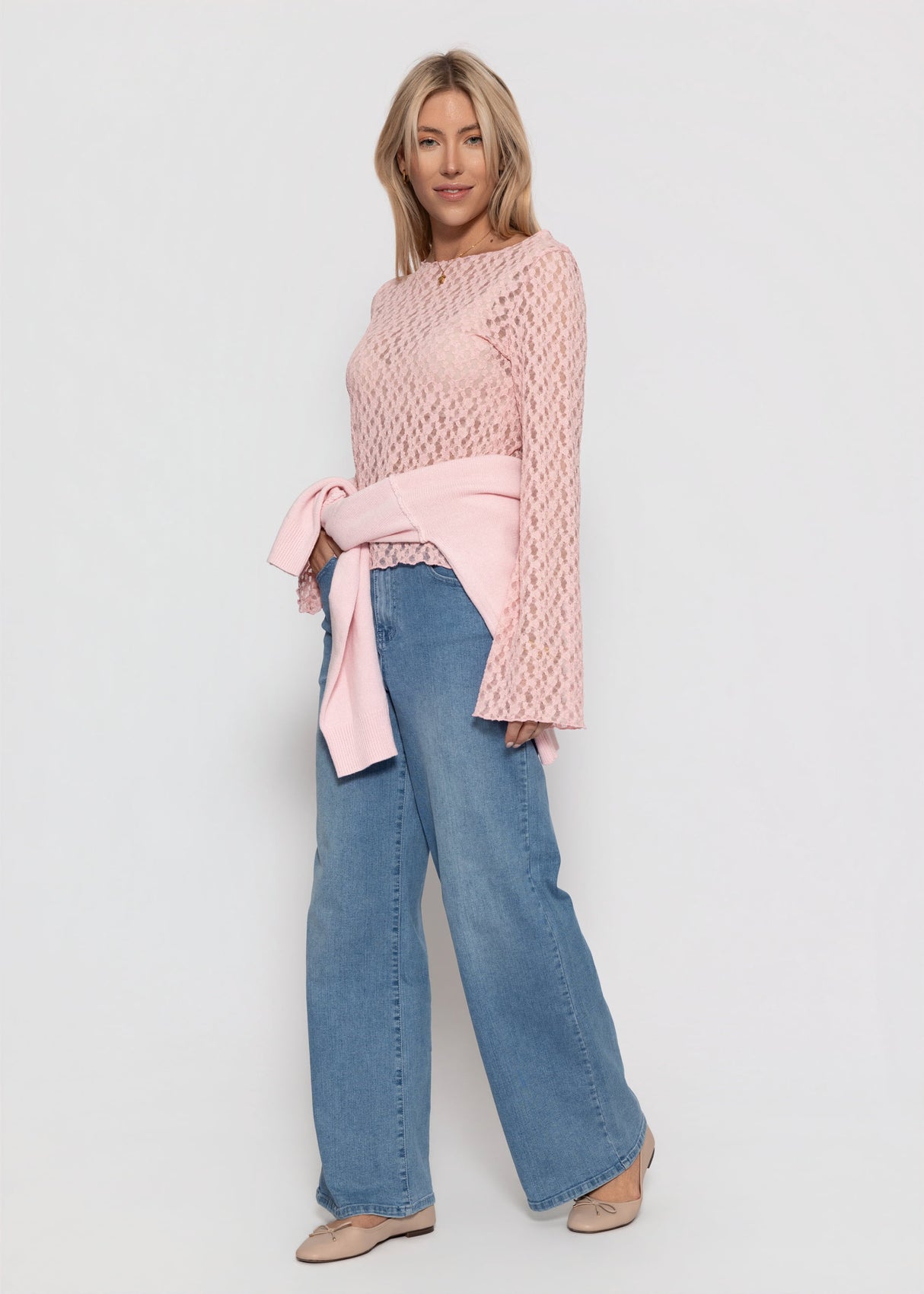 Langarm Spitzenshirt mit weiten Ärmeln - rosa