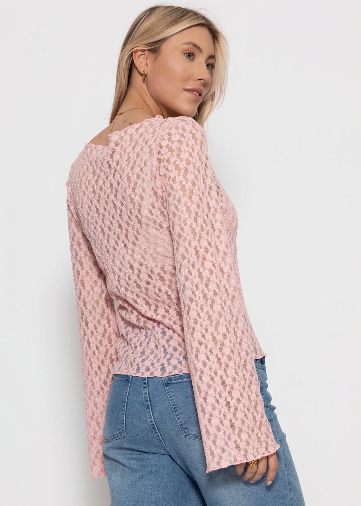 Langarm Spitzenshirt mit weiten Ärmeln - rosa