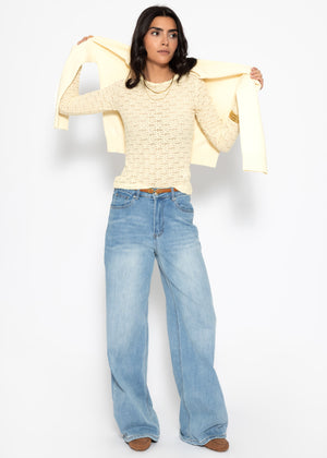 Long-sleeved floral lace shirt - butter yellow