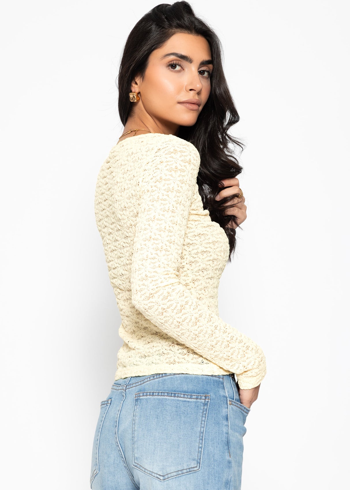 Long-sleeved floral lace shirt - butter yellow