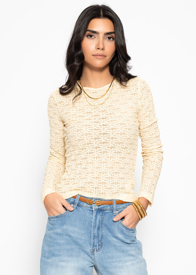 Langarmshirt aus floraler Spitze - buttergelb