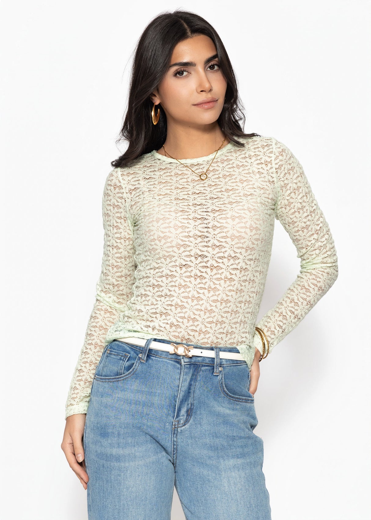 Langarmshirt aus floraler Spitze - salbeigrün