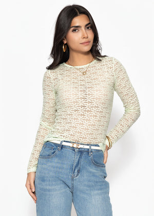 Langarmshirt aus floraler Spitze - salbeigrün