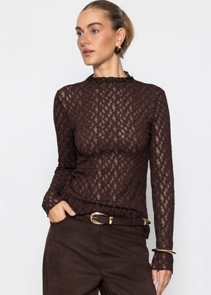Langarmshirt aus Spitze - braun