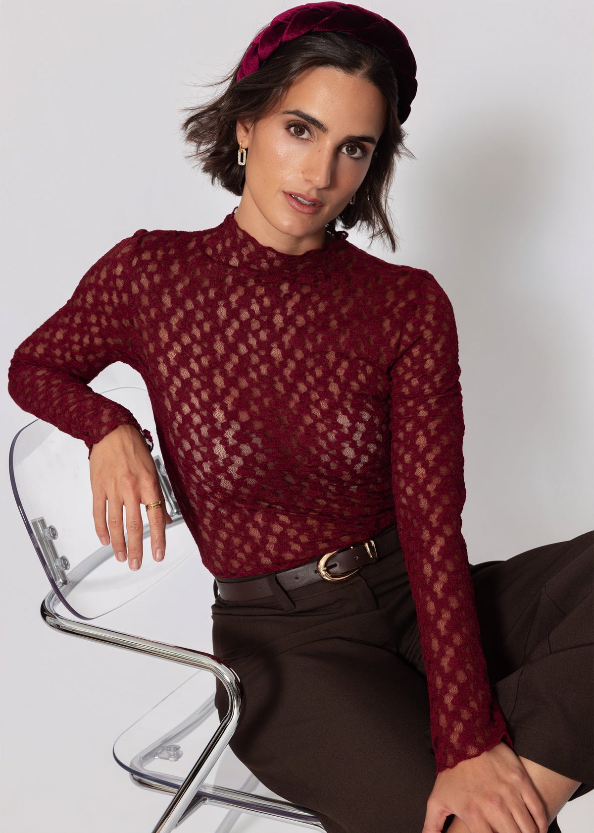 Langarmshirt aus Spitze - burgundy