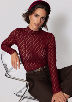 Langarmshirt aus Spitze - burgundy