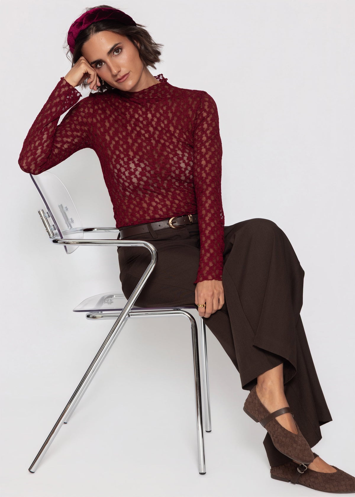 Langarmshirt aus Spitze - burgundy