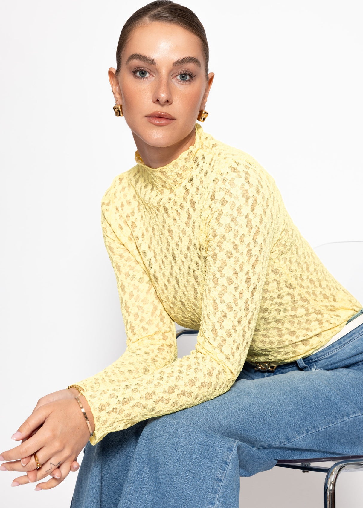 Langarmshirt aus Spitze - gelb