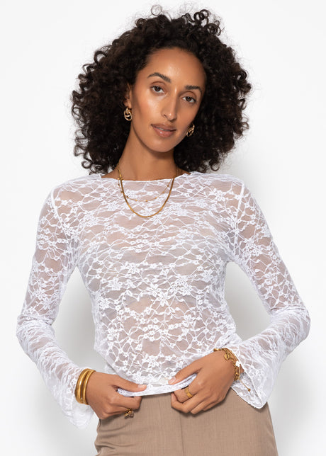 Langarmshirt aus Spitze mit Volantärmel - weiß by SASSYCLASSY