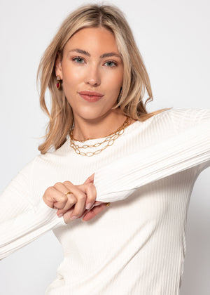 Long-sleeved shirt in a ribbed structure - off-white