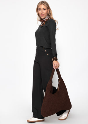 Langarmshirt in Rippstruktur - schwarz