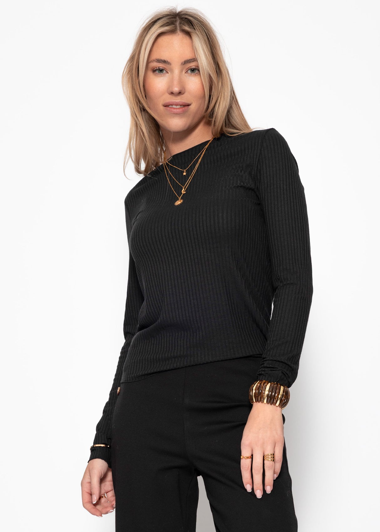 Langarmshirt in Rippstruktur - schwarz