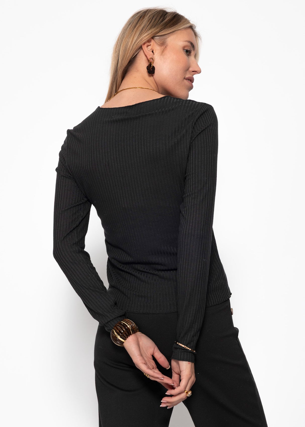 Langarmshirt in Rippstruktur - schwarz
