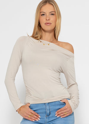 Long-sleeved shirt with gathers - beige