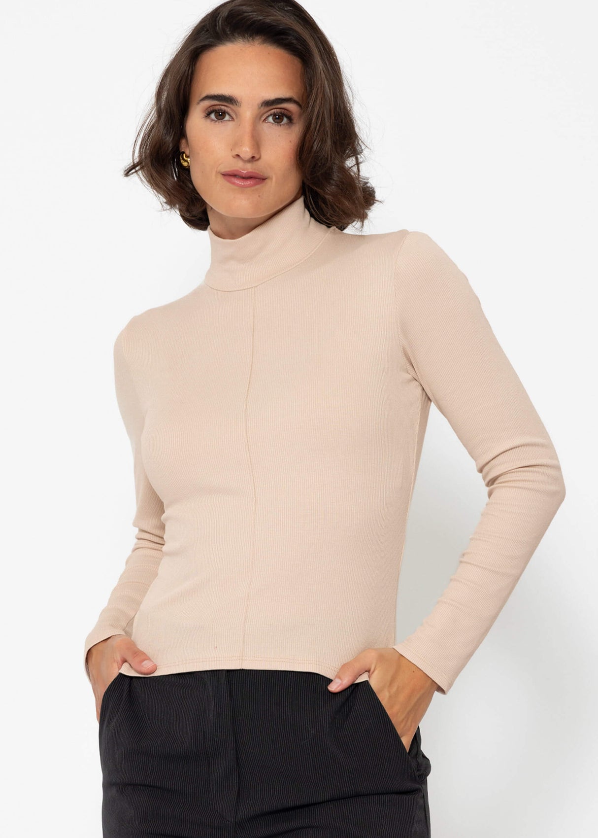 Long-sleeved shirt with turtleneck and piping - beige
