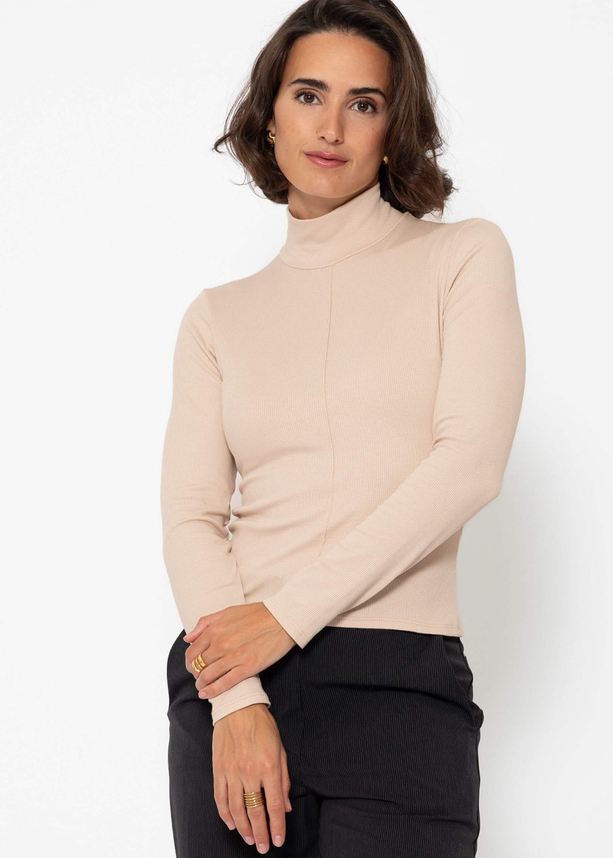 Long-sleeved shirt with turtleneck and piping - beige