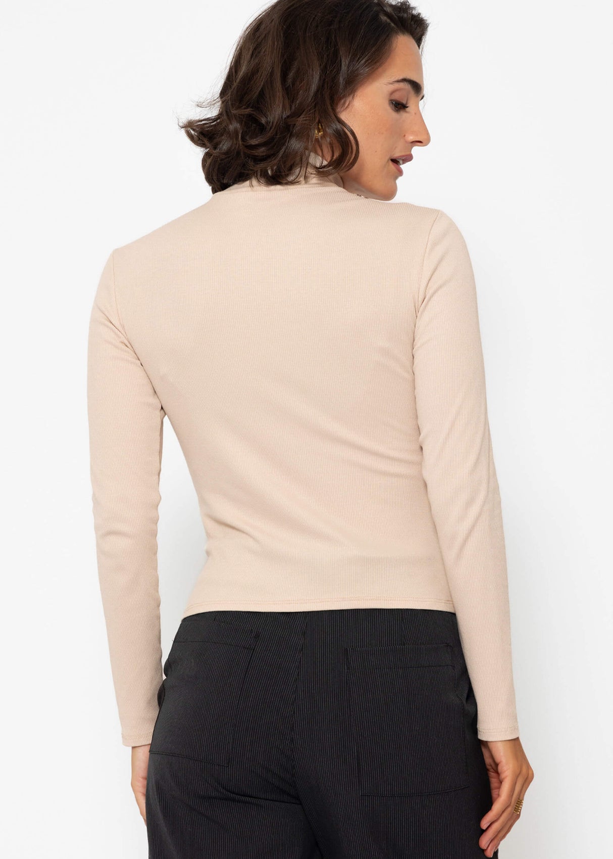 Long-sleeved shirt with turtleneck and piping - beige