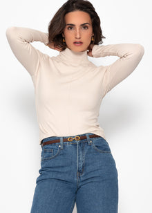 Langarmshirt mit Rollkragen und Biese - beige