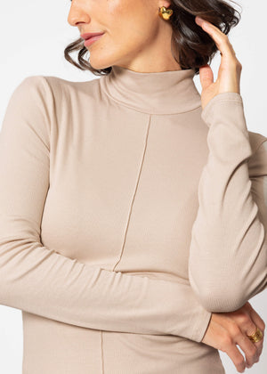 Long-sleeved shirt with turtleneck and piping - beige