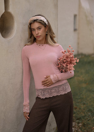 Langarmshirt mit Spitze und Kaschmiranteil - altrosa