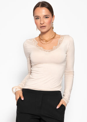 Long-sleeved shirt with lace neckline - beige