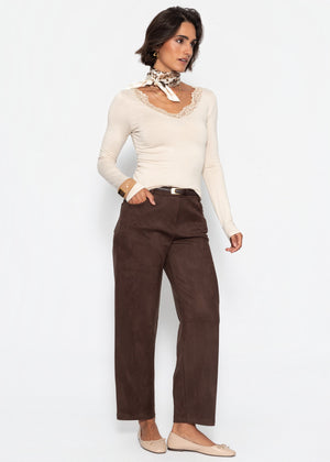 Langarmshirt mit Spitzenausschnitt - hellbeige
