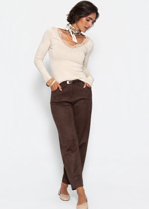 Langarmshirt mit Spitzenausschnitt - hellbeige