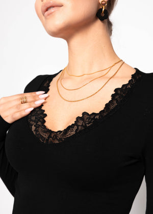 Long-sleeved shirt with lace neckline - black