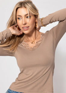 Langarmshirt mit Spitzenausschnitt - taupe