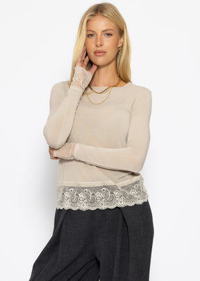 Langarmshirt mit Spitzenborte und Kaschmiranteil - beige