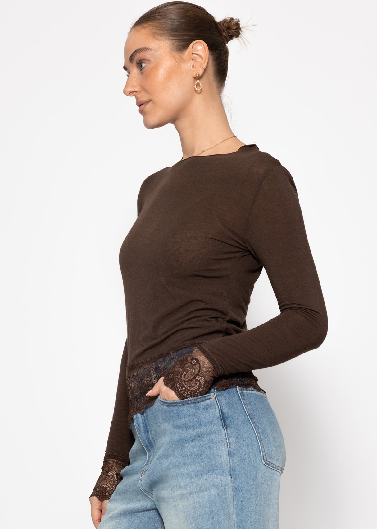 Long-sleeved shirt with lace trim and cashmere content - brown