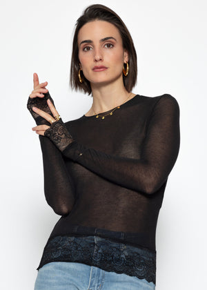 Long-sleeved shirt with lace trim and cashmere content - black