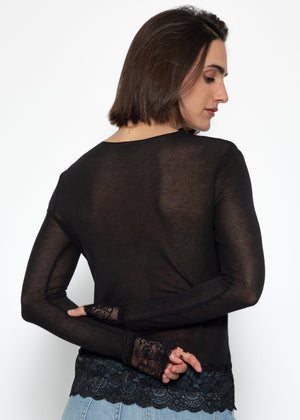 Long-sleeved shirt with lace trim and cashmere content - black