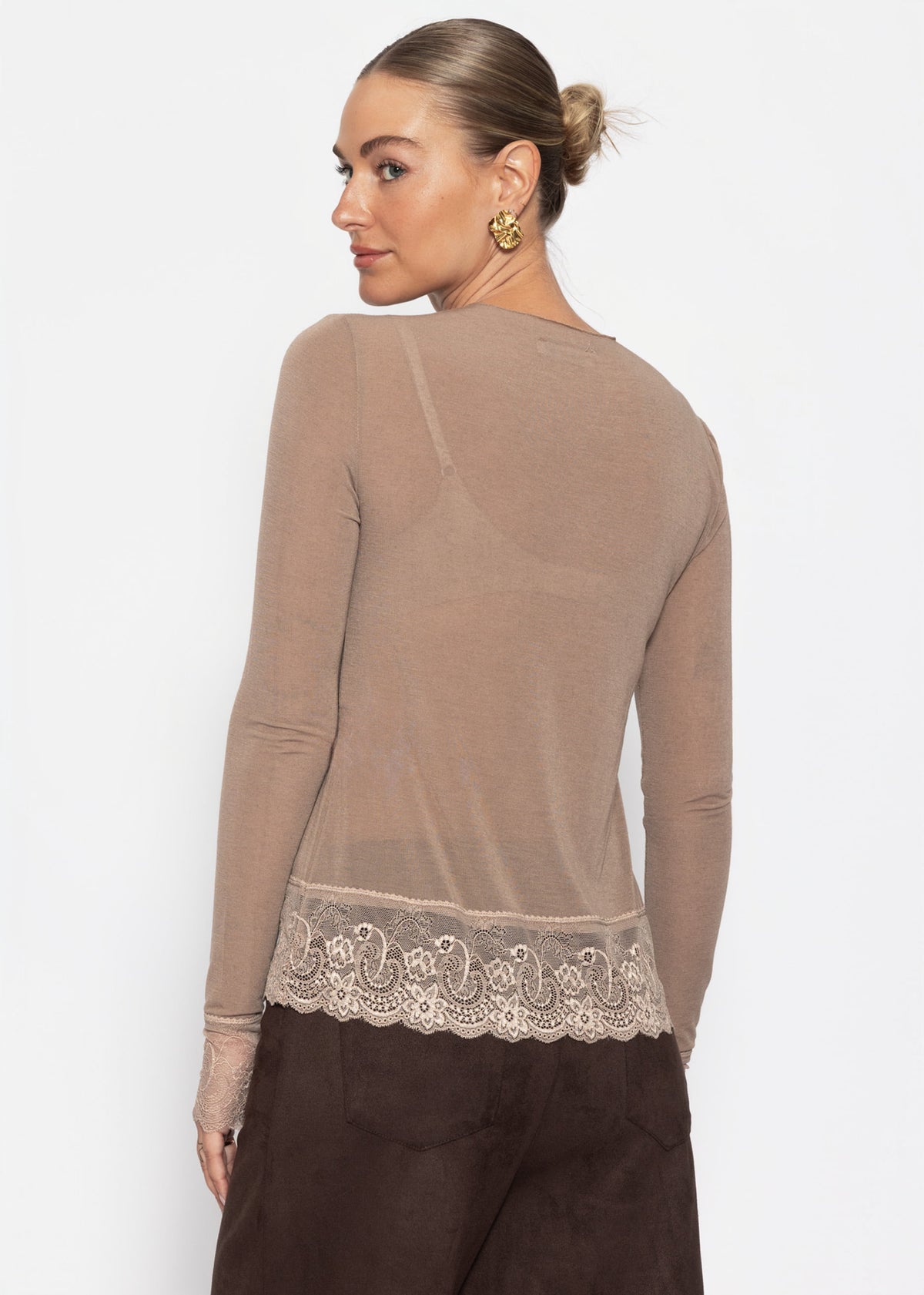 Langarmshirt mit Spitzenborte und Kaschmiranteil - taupe