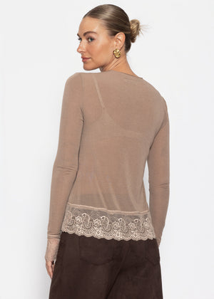 Langarmshirt mit Spitzenborte und Kaschmiranteil - taupe