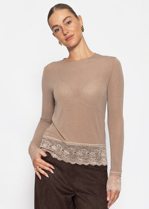 Langarmshirt mit Spitzenborte und Kaschmiranteil - taupe