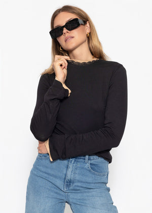 Langarmshirt mit Spitzeneinsatz  - schwarz