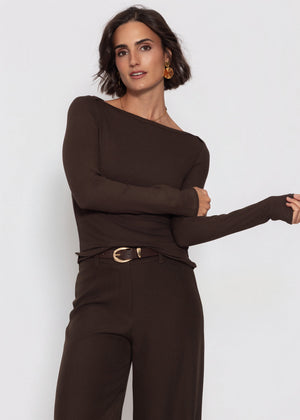 Langarmshirt mit U-Boot Ausschnitt - braun
