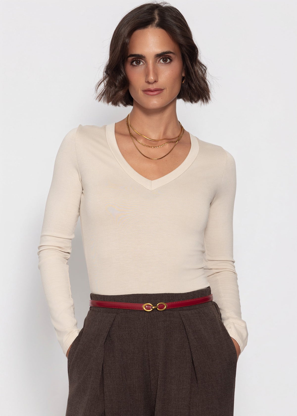 Langarmshirt mit V-Ausschnitt - offwhite