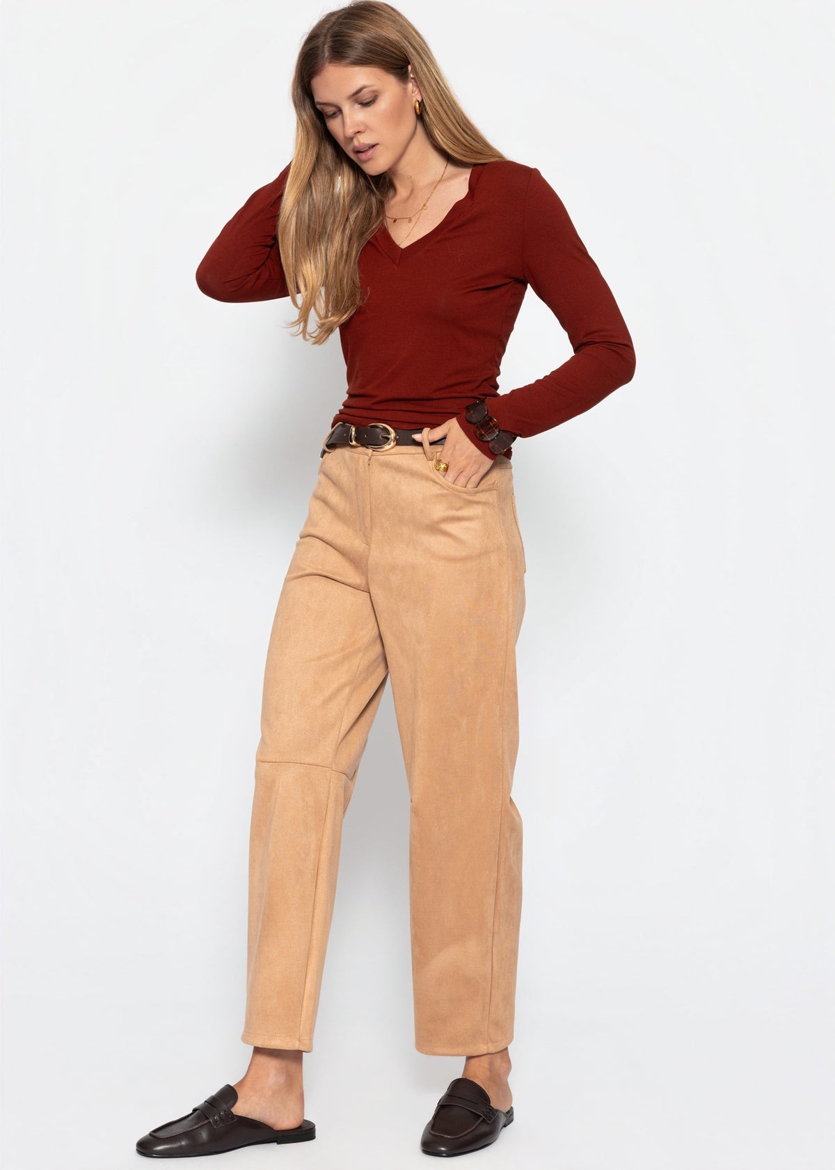 Langarmshirt mit V-Ausschnitt - burgundy