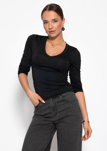 Long-sleeved V-neck shirt - black