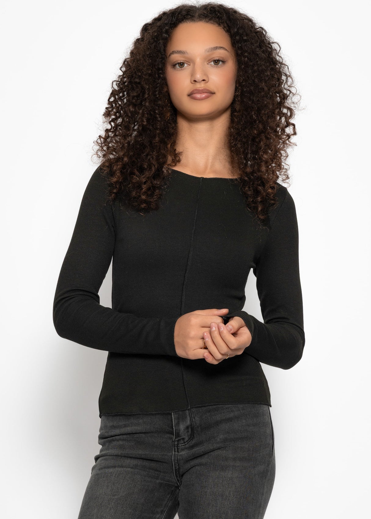 Long-sleeved shirt with decorative stitching - black