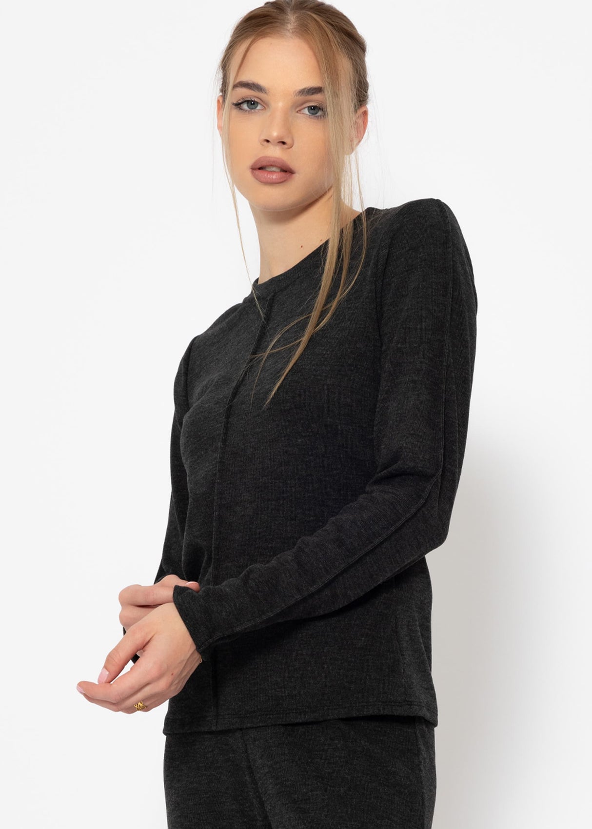 Long-sleeved shirt with decorative seam - dark grey mottled