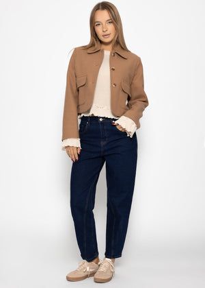 Long-sleeved shirt with flounces - beige